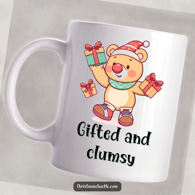 Funny festive bear wearing a clown nose and big shoes, humorously juggling presents on a coffee mug.