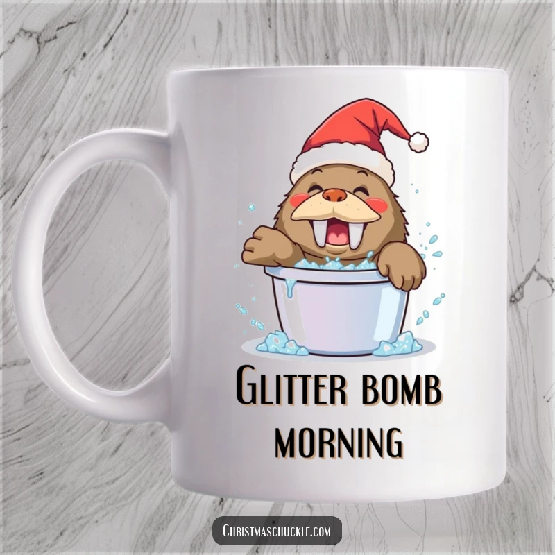 Funny walrus clown mug, wearing a Santa hat, playfully splashing in a bucket of glitter, a joyful and sparkly character.