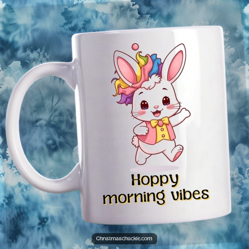 Funny kawaii bunny in a rainbow clown wig and waistcoat hops excitedly, perfect for a cute and humorous mug.