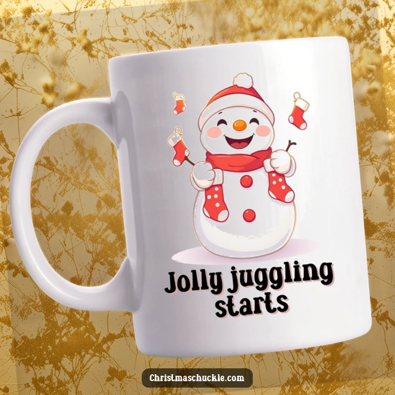 Funny mug of a cute kawaii snowman character happily juggling tiny Christmas stockings with a big grin, festive and humorous.