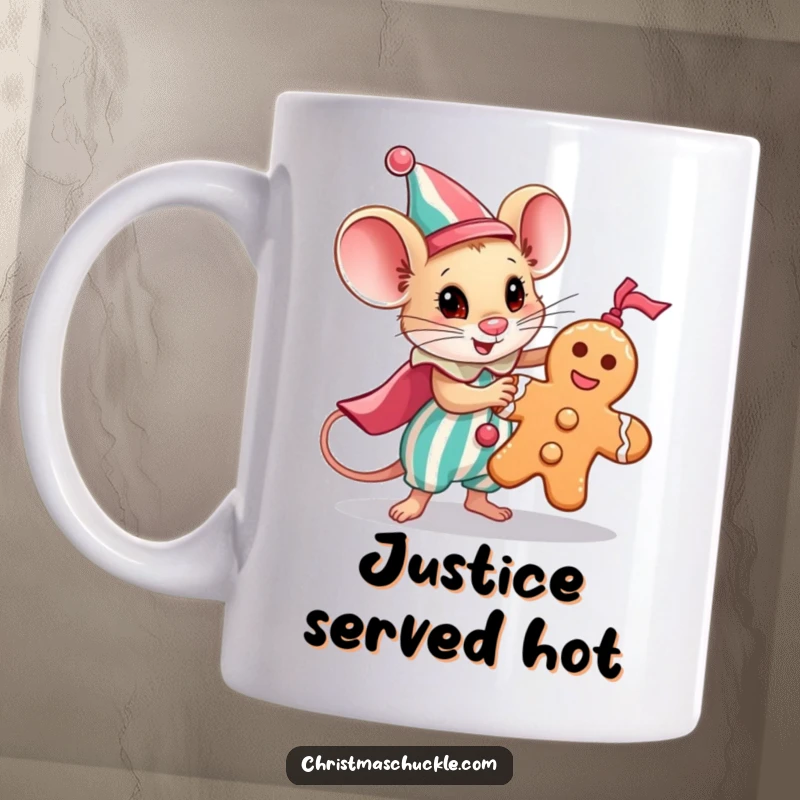 Funny mug with a tiny mouse dressed as a clown, bravely holding a gingerbread man, ready for adventure.