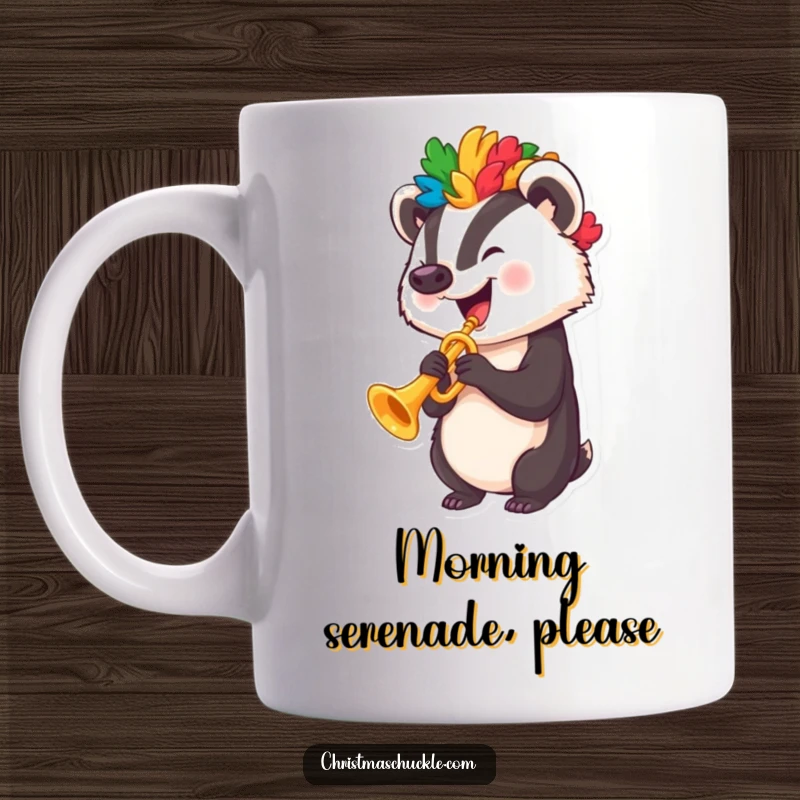 Funny happy badger wearing a colorful clown wig and playing a miniature trumpet with a joyful expression, mug.