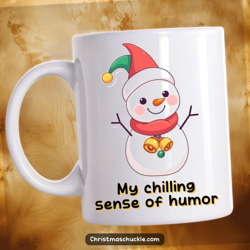 Funny Jester Snowman mug, gleefully wearing a jester hat and bells, ready to spread holiday cheer and laughter.