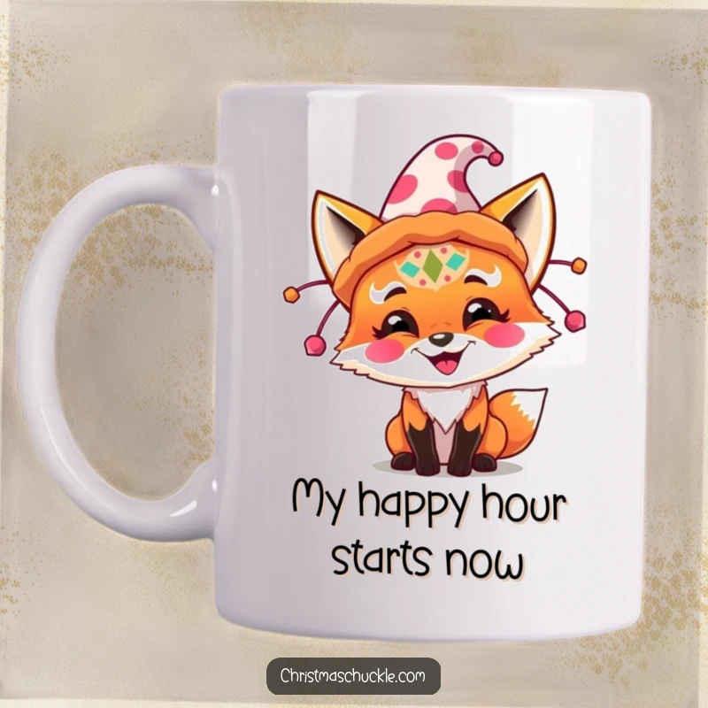 Funny festive fox with clown face paint joyfully trying on a huge, colorful party hat, perfect gift mug.