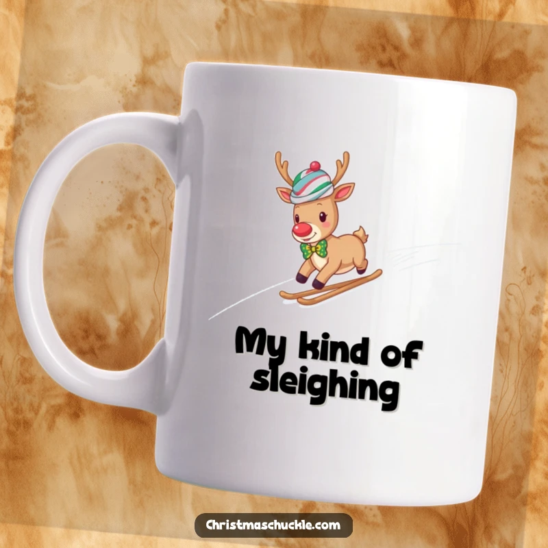 Funny reindeer clown in a wig and bow tie joyfully slides down a snowy hill, perfect for a festive and humorous mug.