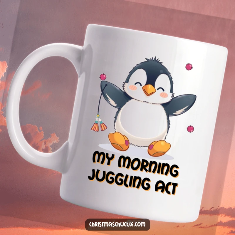 Funny penguin mug design of a fluffy penguin in clown nose and big shoes, clumsily juggling colorful scarves, looking determined.