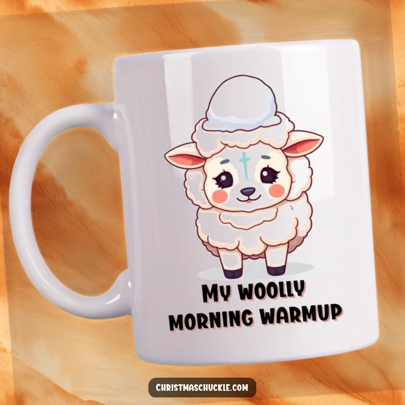 Funny mug featuring a fluffy sheep with clown makeup, comically balancing a snowball on its head, looking cheerful and slightly bewildered.