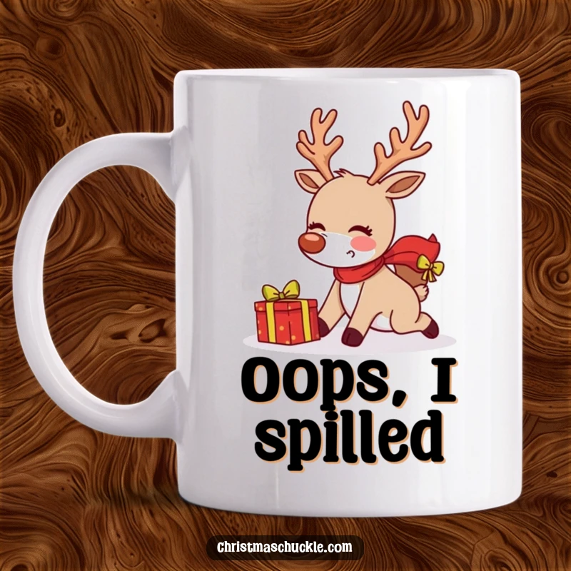 Funny blushing reindeer tripping over a present, spilling gifts, with a comical expression, perfect for Christmas humor.