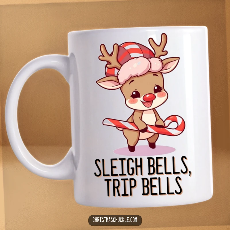 Funny mug featuring a happy reindeer in a clown wig, comically tripping over a candy cane during the holidays.