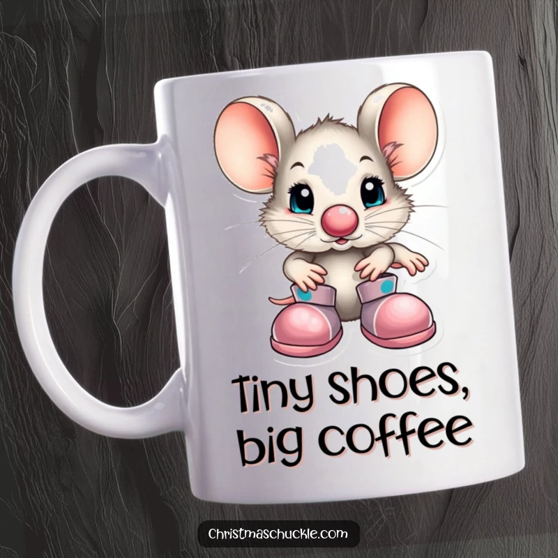 Funny little mouse character wearing a tiny red clown nose and oversized shoes on a ceramic mug, creating an adorable and humorous design.