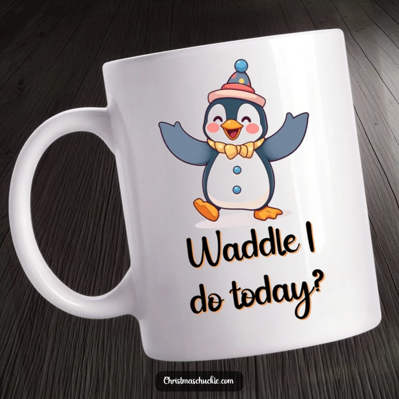 Funny penguin clown mug, a penguin in a clown costume doing a silly dance with flapping arms, comical animal gift.