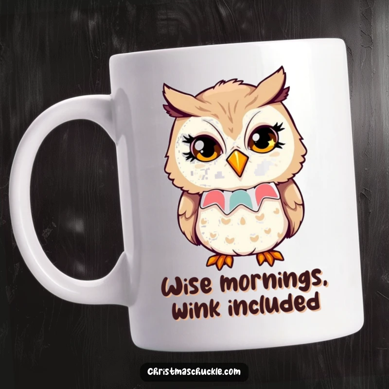 Funny mug featuring an owl wearing a clown collar, giving a playful wink with sparkling, knowing eyes, radiating quirky charm.