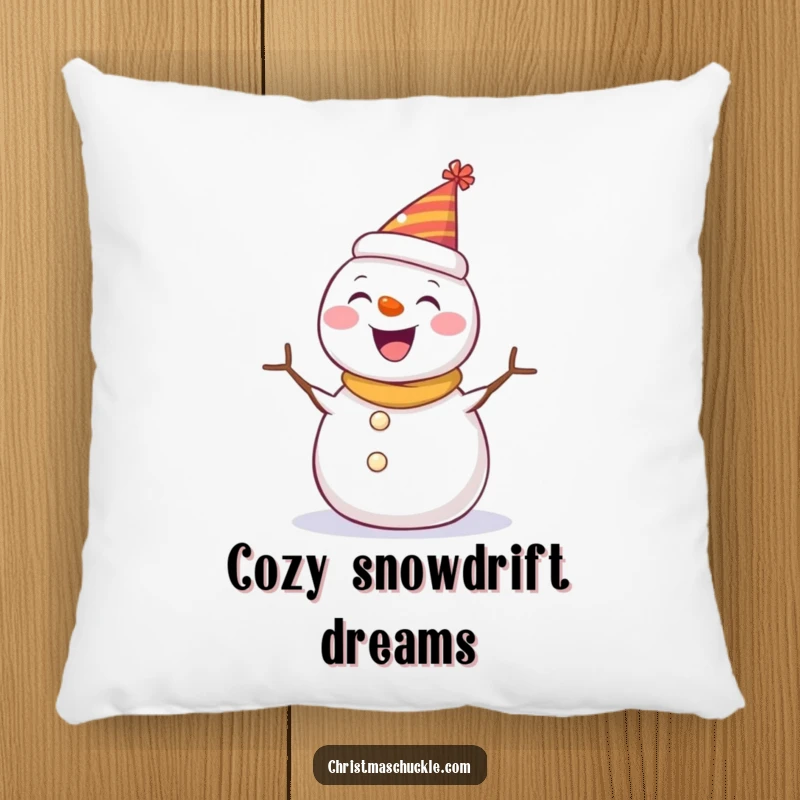 Funny pillow with a happy snowman wearing a tiny party hat, spinning with joy, adding a playful and cozy touch to decor.