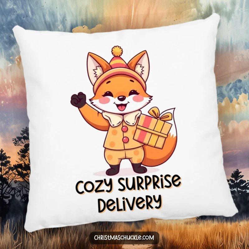 Funny fox pillow, a festive fox in a clown costume holding a brightly wrapped gift, soft and humorous decor.