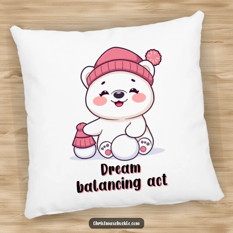 Funny pillow showcasing a giggling polar bear character comically balancing a hat and a snowball, bringing cozy humor to any room.