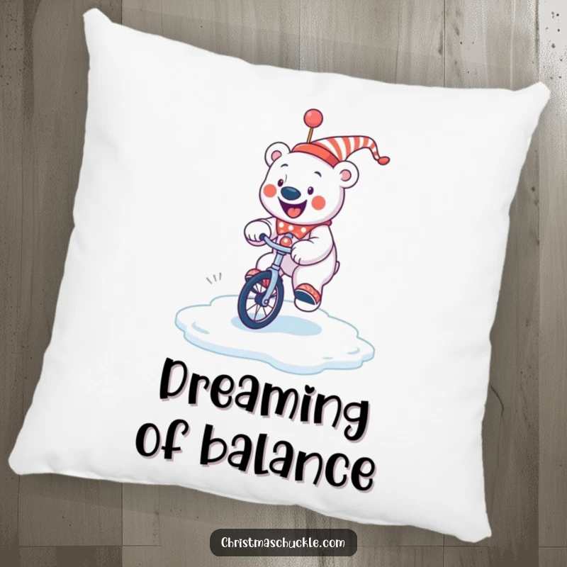 Funny jolly polar bear clown wobbling on a unicycle on a slippery ice patch, a soft and humorous throw pillow.