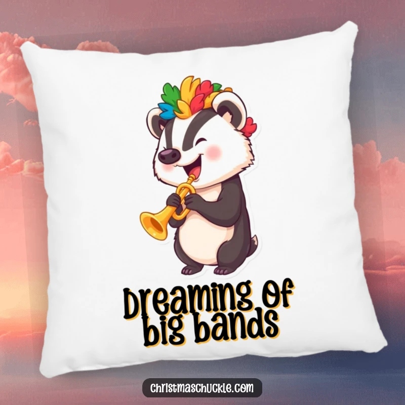 Funny badger with a clown wig playing a small trumpet, featured on a soft and funny pillow.