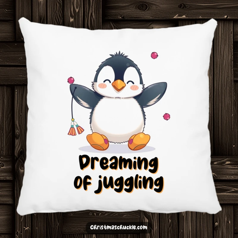 Funny pillow featuring a fluffy penguin in a clown nose and big shoes, juggling scarves, bringing whimsical decor to any room.
