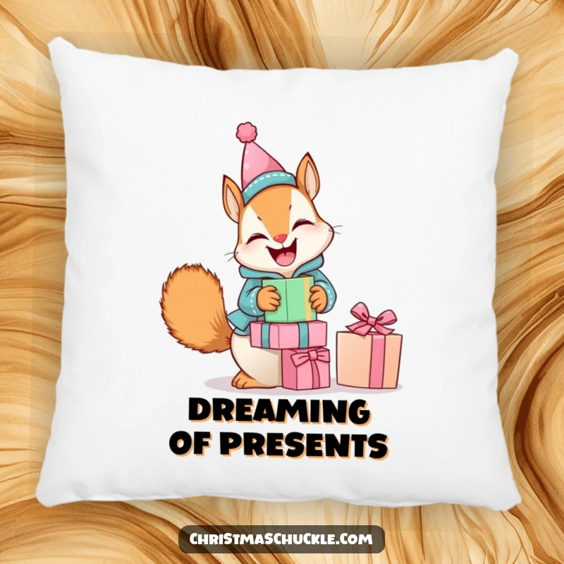 Funny pillow design of a giggling squirrel in a clown suit, attempting to balance a stack of presents, offering cozy humor.