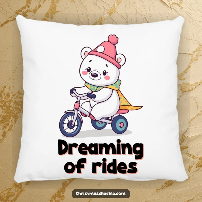 Funny pillow featuring a kawaii polar bear dressed as a clown, humorously riding a miniature tricycle, offering soft comfort and cute appeal.