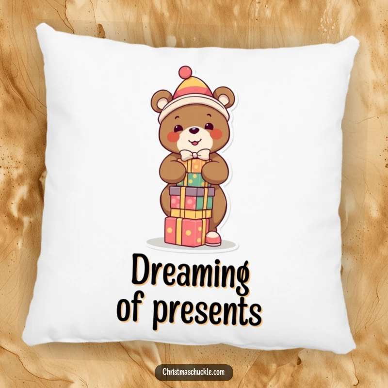 Funny pillow featuring a bear clown balancing presents, providing comfort and a humorous, festive aesthetic for any room.