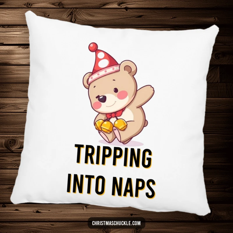 Funny pillow design featuring a bear in a clown hat and jingle bells hilariously tripping, offering soft comfort and a good laugh.