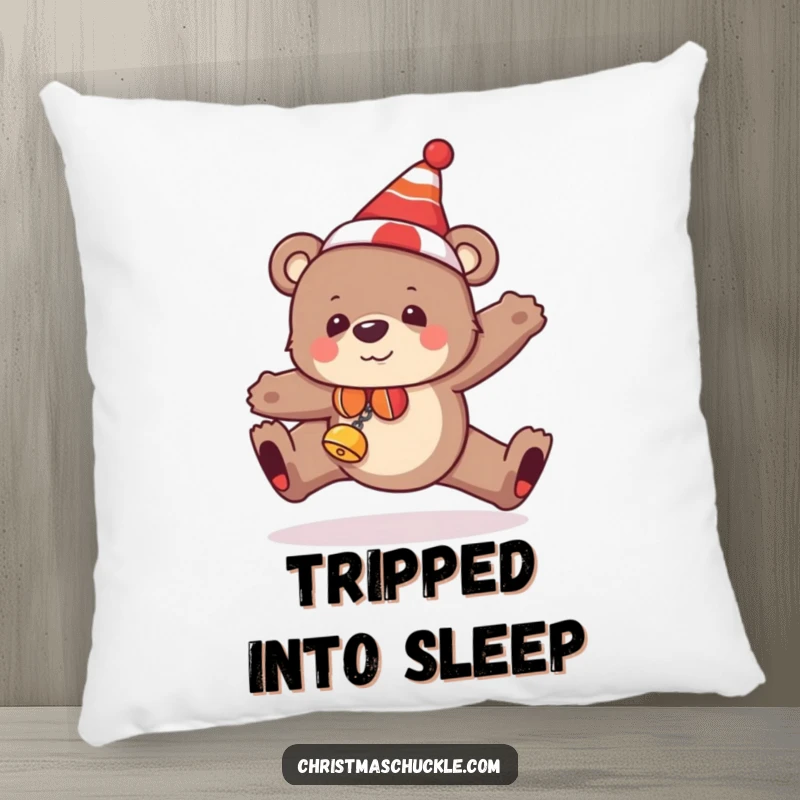 Funny bear pillow with a clumsy bear in festive clown gear, hilariously tripping, perfect for cozying up.