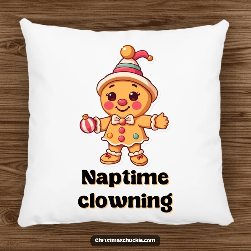 Funny gingerbread man dressed as a clown, juggling ornaments on a cozy pillow, offering comfort and holiday humor.
