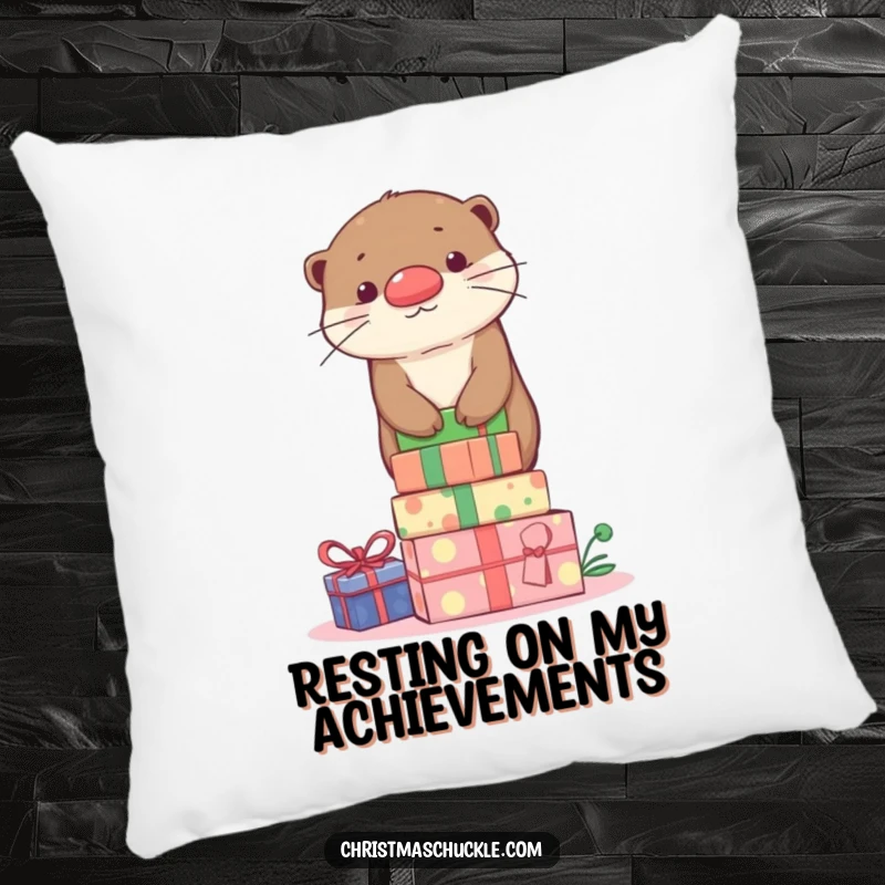 Funny otter wearing a clown nose, balancing on a pile of gifts, featured on a soft and funny pillow.