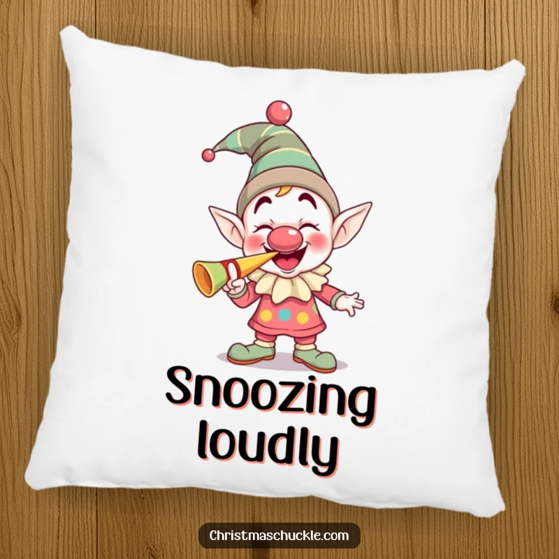 Funny giggling elf clown with a squeaky nose blowing a party horn, a soft and humorous throw pillow for festive rooms.