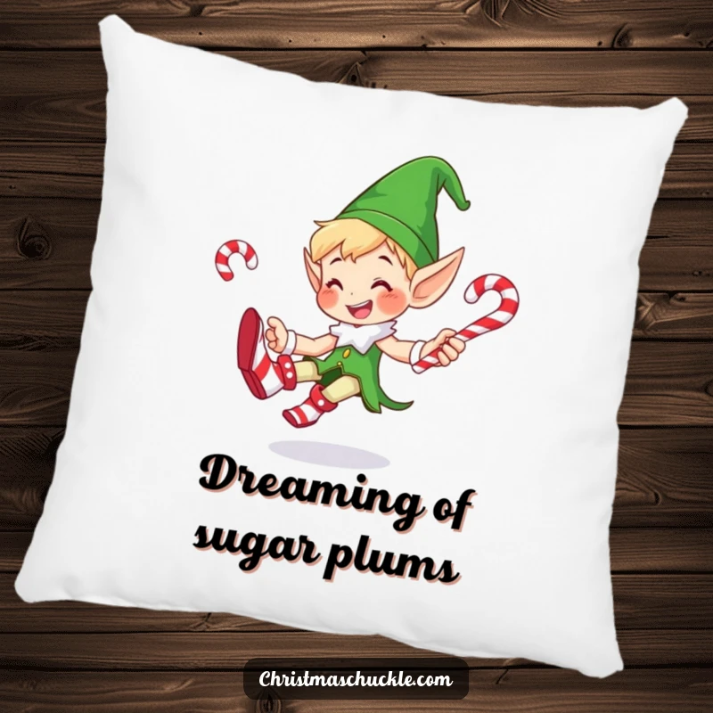 Funny pillow with a smiling elf in giant clown shoes, energetically juggling candy canes, adding a touch of playful humor to home decor.