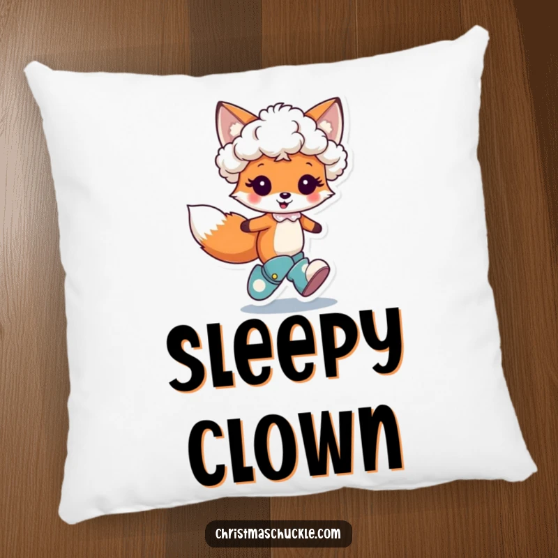 Funny pillow featuring a cute fox character hopping joyfully, wearing a tiny clown wig and oversized boots, bringing whimsical comfort.