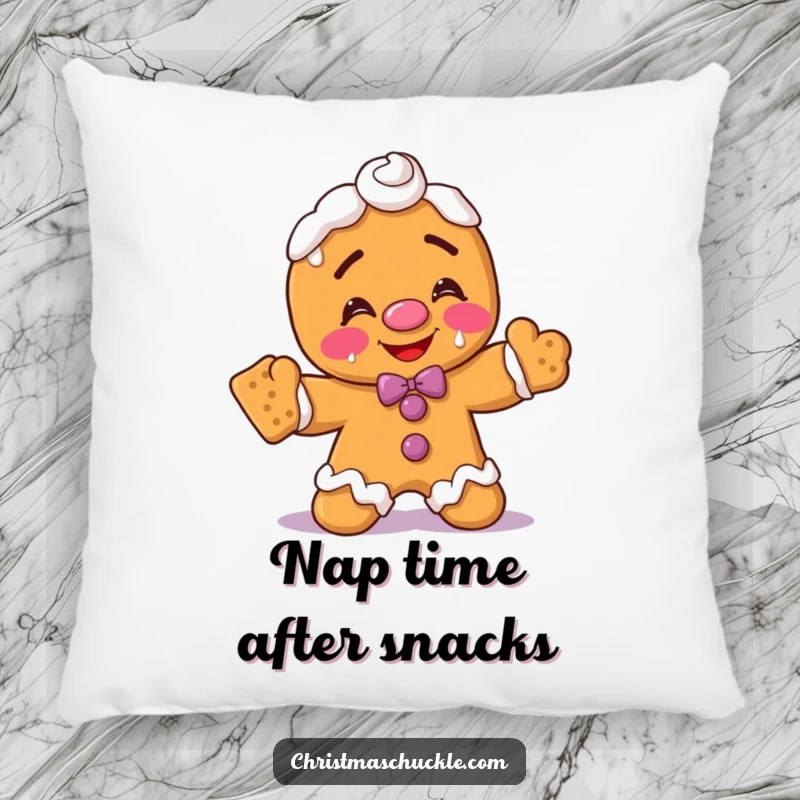 Funny gingerbread man clown pillow, blushing with frosting on face, struggling to balance crackers, soft and amusing decor.