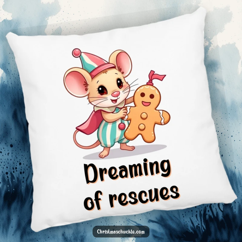 Funny pillow showcasing a tiny mouse clown heroically saving a gingerbread man, adding comfort and humor.
