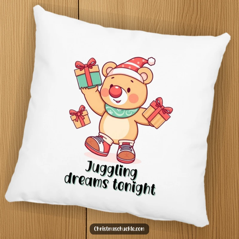 Funny festive bear in clown attire juggling presents, featured on a soft and decorative pillow for cozy moments.