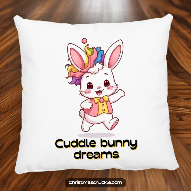 Funny kawaii bunny wearing a rainbow clown wig and waistcoat hops excitedly, a soft and humorous decorative pillow.