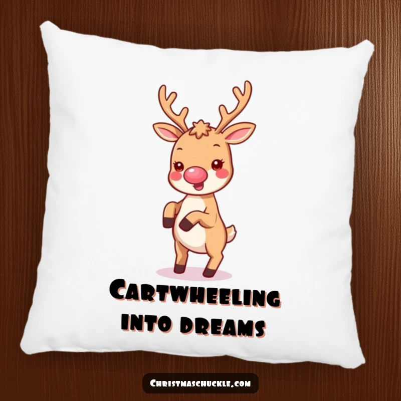 Funny pillow featuring a kawaii reindeer with a tiny clown nose, joyfully doing a cartwheel, perfect for festive comfort.