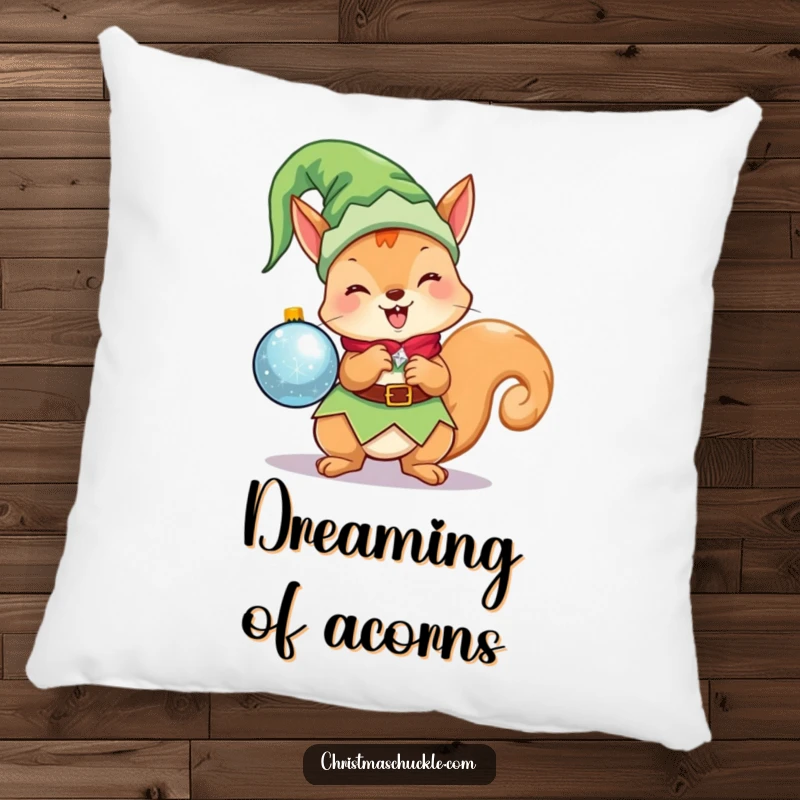 Funny Kawaii Elf Squirrel Pillow: A cute Christmas character as an elf, excitedly holding a sparkling ornament, perfect for lounging.