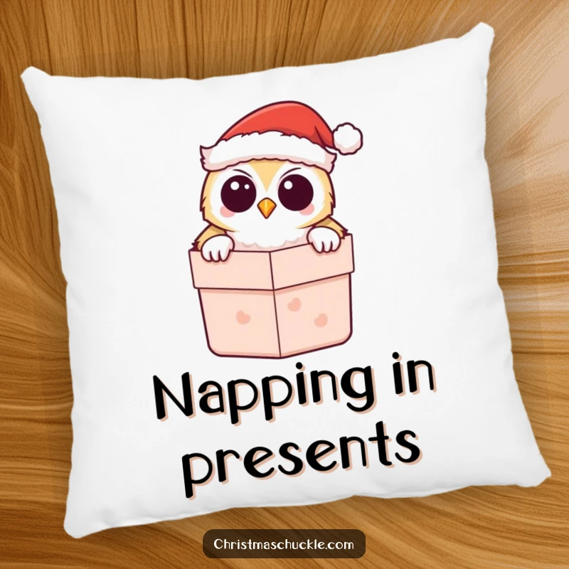 Funny Kawaii Owl Santa Pillow, featuring a cute owl peeking out of a gift box, perfect for festive comfort.