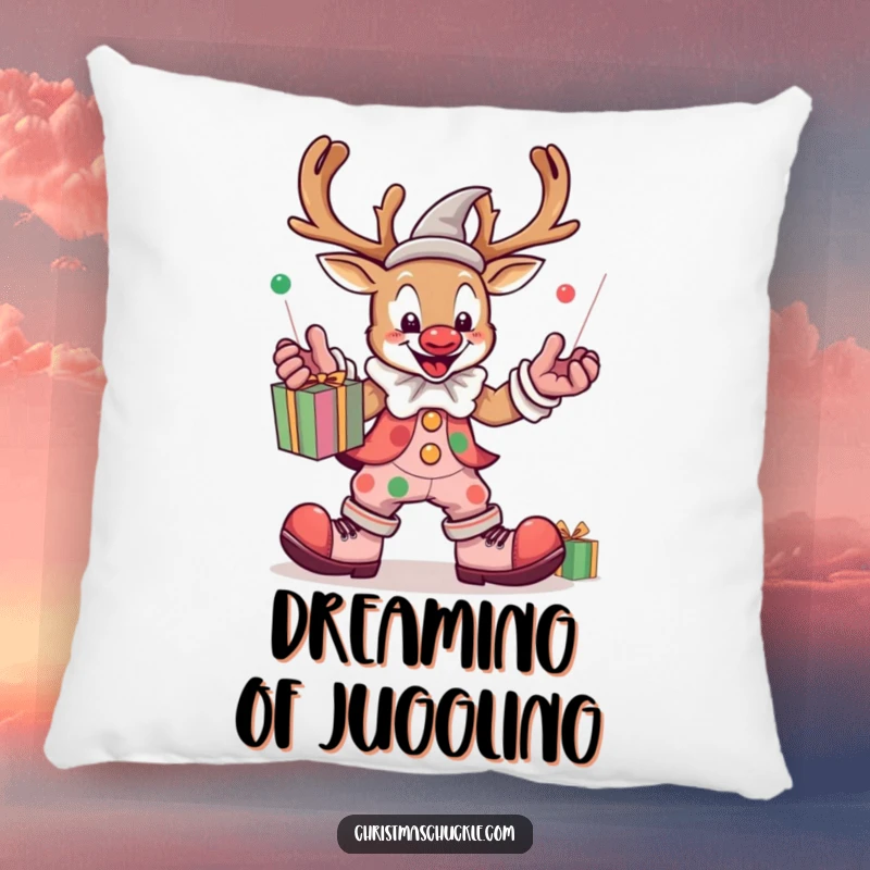 Funny kawaii reindeer clown juggling presents, soft pillow, cozy decoration, festive and humorous accent, cute holiday character.