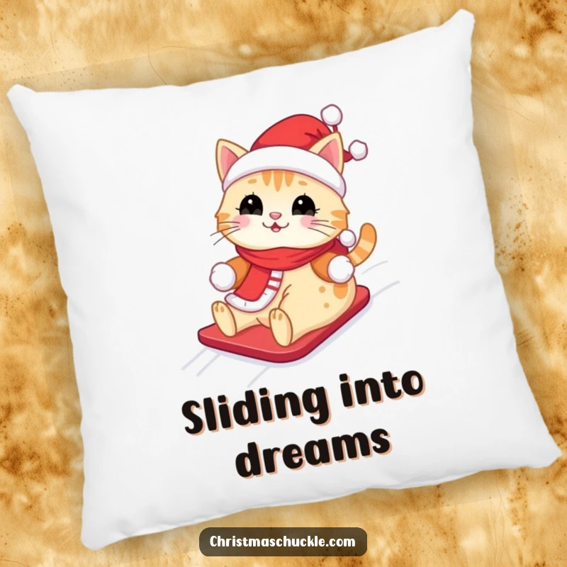 Funny Kawaii Santa Cat Pillow: A cute cat in a Santa outfit, happily sliding down a snowy hill, perfect for lounging.