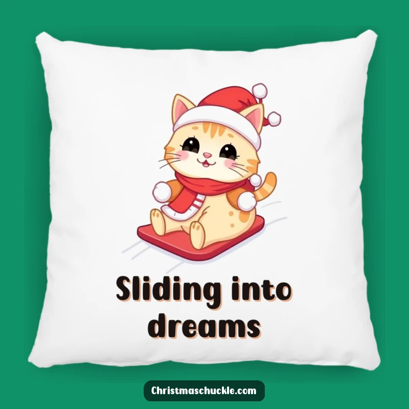 Funny Kawaii Santa Cat Pillow: Cute Feline Sliding Down Snowy Hill, Cozy Funny Gift