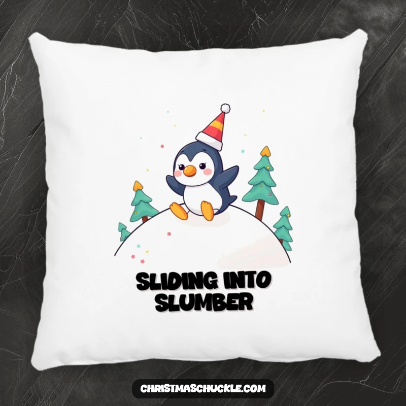 Funny pillow design of a cheerful penguin with a clown nose, joyfully sliding down a festive hill, offering soft, wintery comfort.