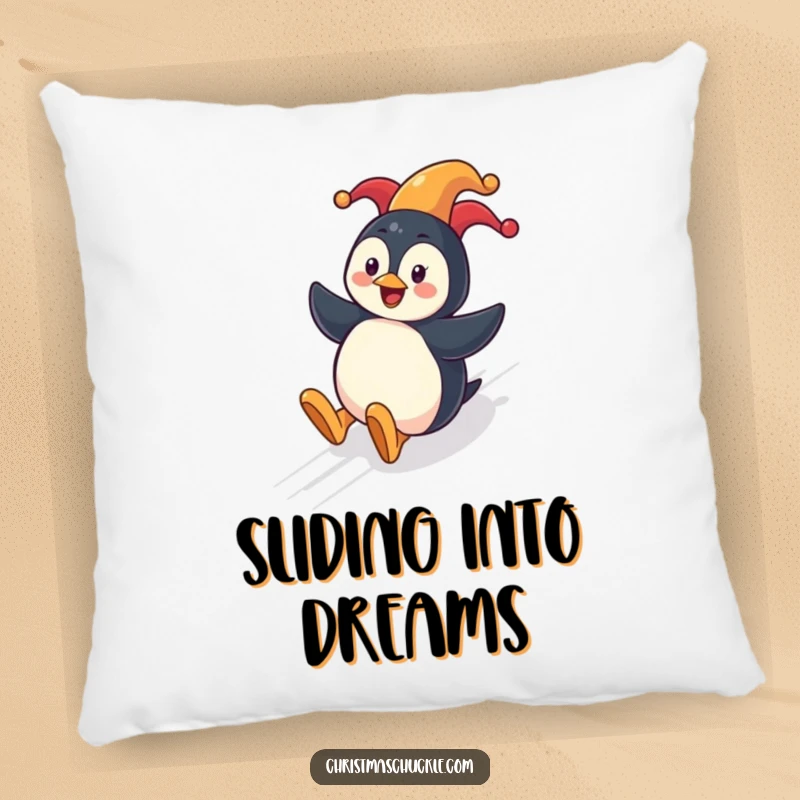 Funny penguin clown pillow showing a cheerful penguin sliding down a festive hill with a clown nose, perfect for comfort.