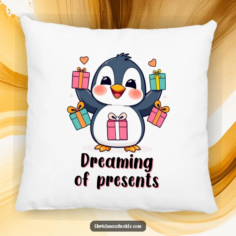 Funny penguin juggling pillow, a cheerful character in mid-act with gift boxes, offering plush comfort and holiday amusement.