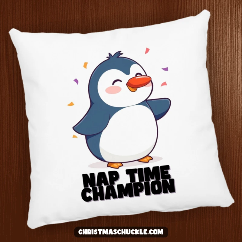 Funny pillow with a happy penguin balancing a red nose on its beak, surrounded by falling confetti, adding playful charm to decor.