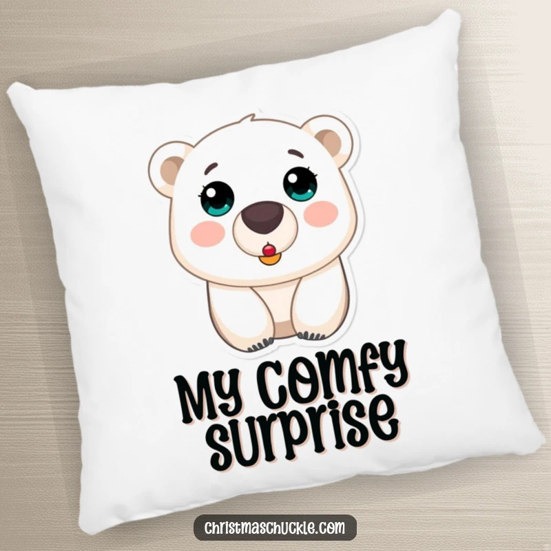 Funny polar bear clown nose pillow, a surprised bear with a tiny red nose, offering plush comfort and whimsical humor.