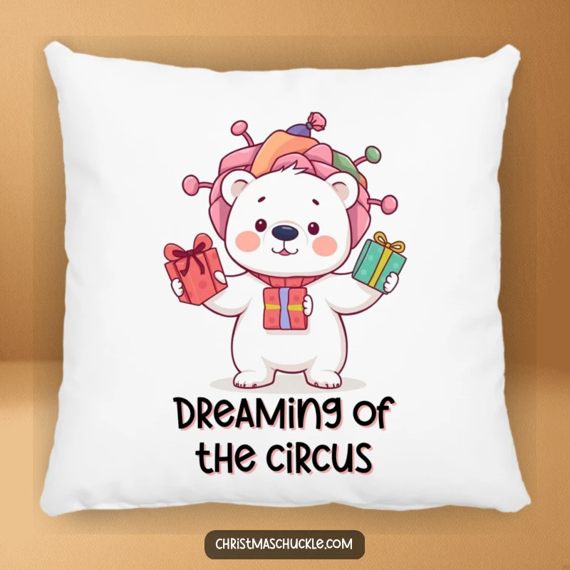 Funny pillow with a curious polar bear in a silly clown wig, juggling gifts with playful energy, adding a humorous touch to decor.