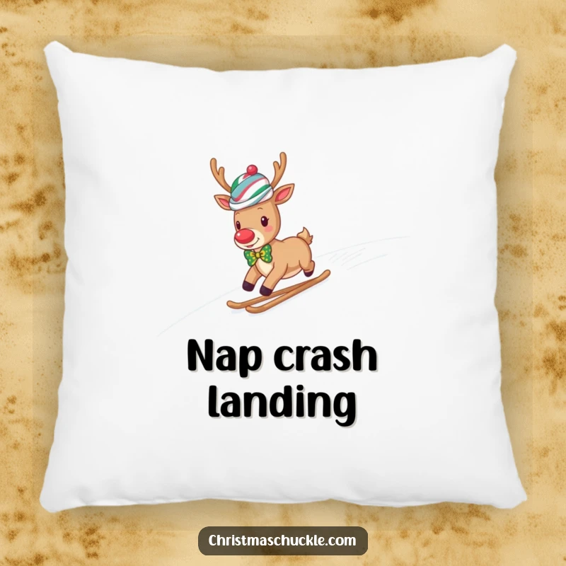 Funny reindeer clown in a wig and bow tie slides down a snowy hill, soft and humorous decorative pillow.
