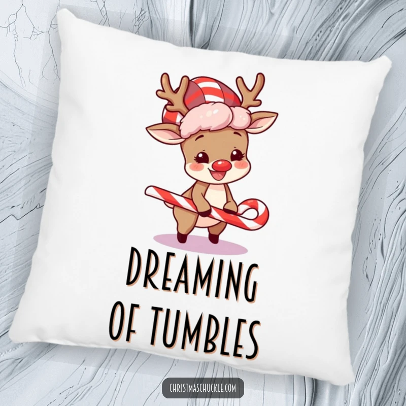 Funny pillow depicting a happy reindeer in a clown wig, comically tripping over a candy cane, perfect for festive comfort.